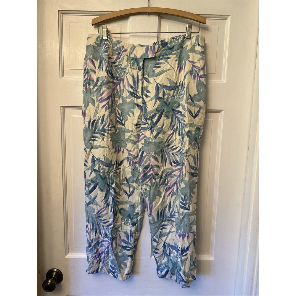 August Silk Women Capri Tropical Floral Print Blue Wide Leg Pants Size XL